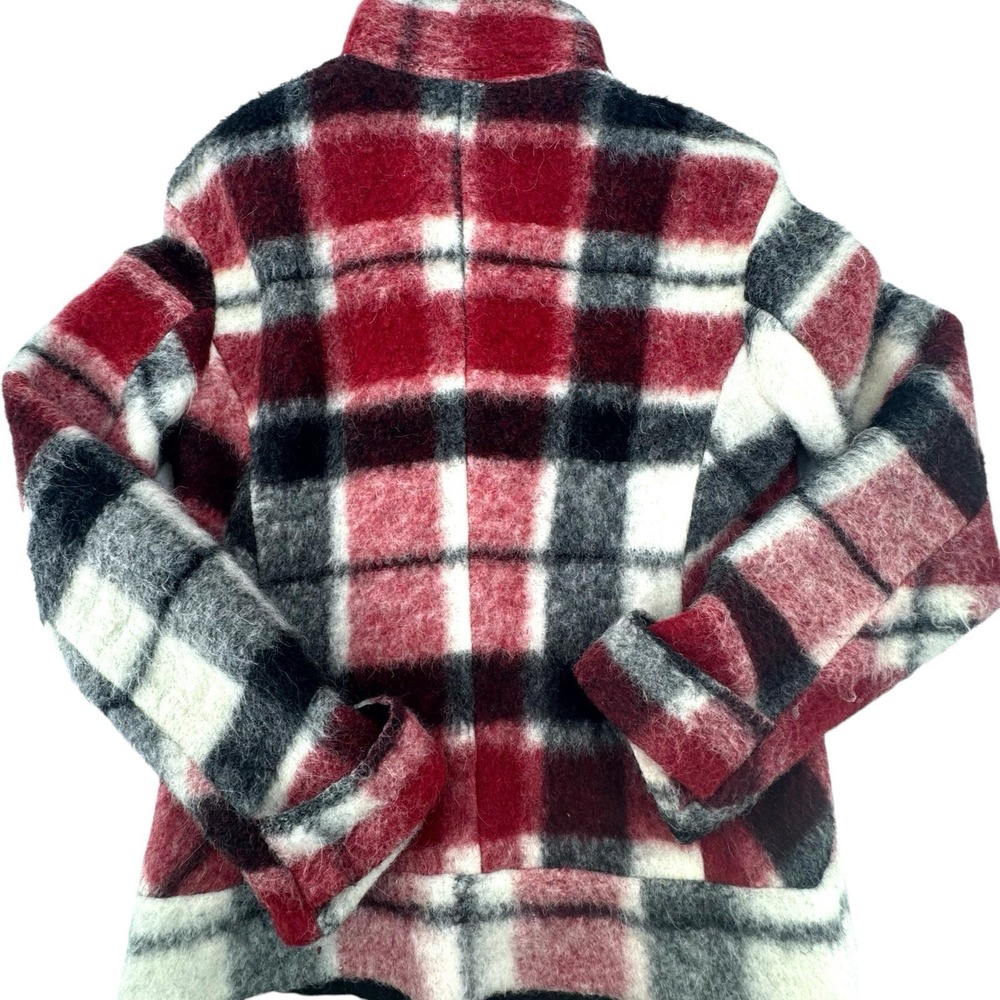 Zara Wool Mohair Jacket Maroon/Black/White Plaid‎ Asymmetric Snap Close Womens S - Picture 6 of 12